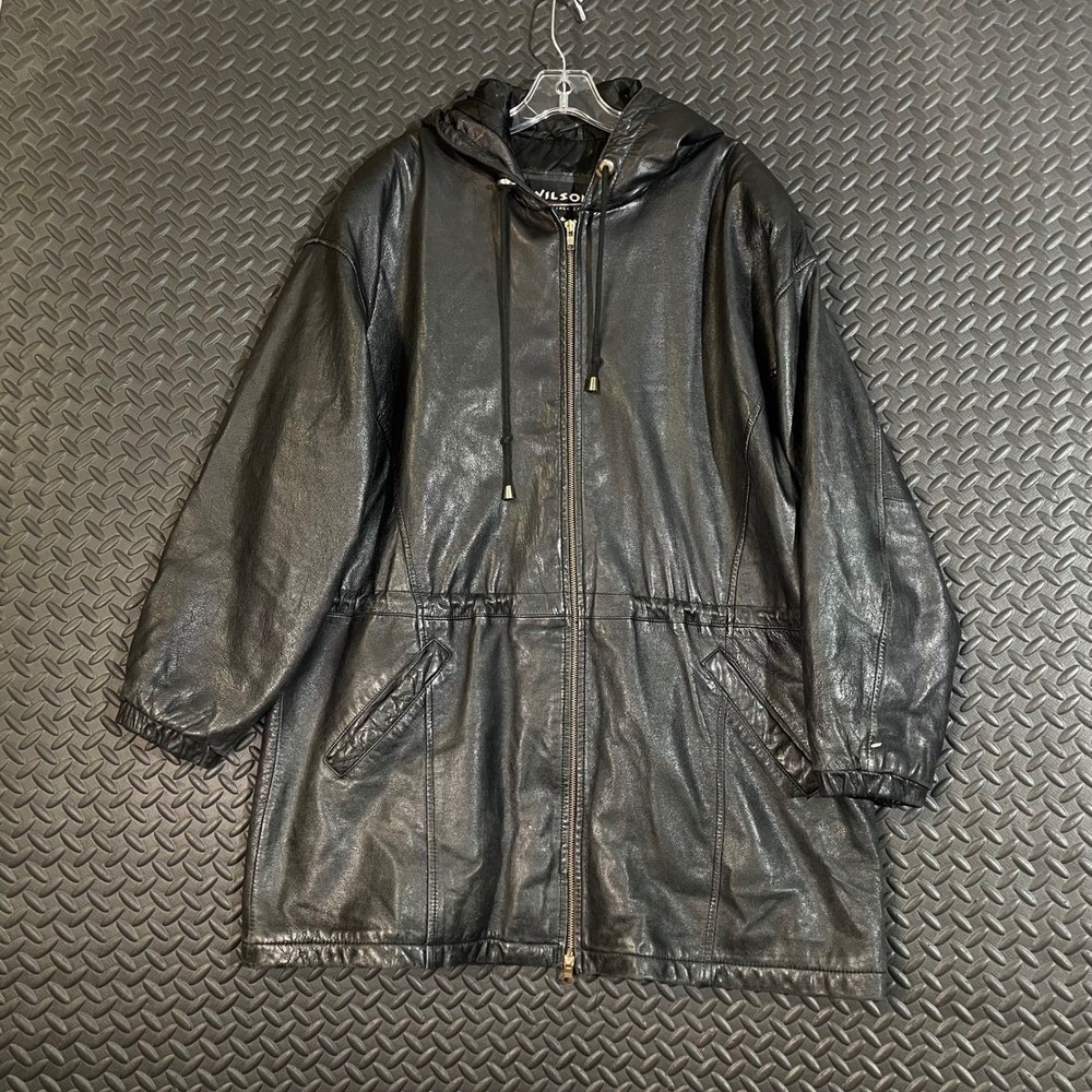 Wilson's Leather Black Quilted Anorak Utility Cargo Jacket Coat Hooded Mens L
